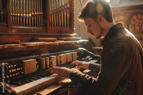 A man playing a pipe organ in a church. Suitable for religious or musical concepts