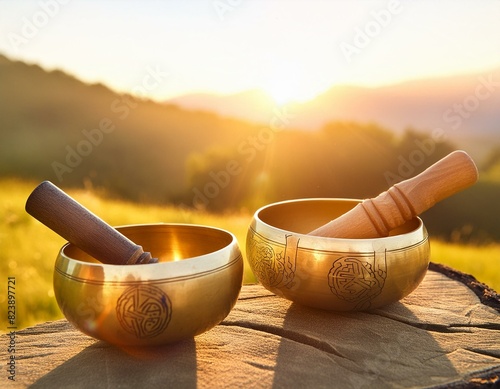 Tibetan Singing Bowls in a Natural Sunset Setting