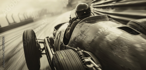 A black and white photo of a race car driving down a track