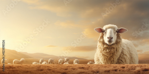The sheep is a symbol of the Muslim animal. Eid al adha. Arafat day. Sacrifice. Banner. Copy space