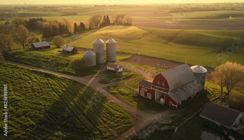 Aerial view of a farm with surrounding barn and fields