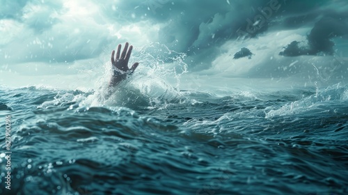 Hand reaching out of sea, desperate grasp, concept of drowning, (selective focus), high seas, foreboding light, surreal, Double exposure, dark sky backdrop
