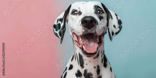  Studio portrait of a Dalmatian dog with a laughing face