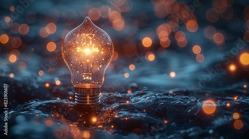 A glowing lightbulb stands out against a dark background, surrounded by soft, out-of-focus lights. The image conveys hope and inspiration.