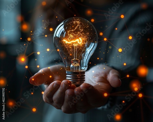 A hand holds a glowing light bulb, symbolizing innovation and new ideas. Sparkling lights surround the bulb, representing creativity and inspiration.