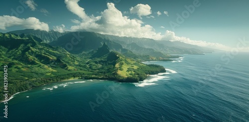Aerial view of the ocean and green mountains