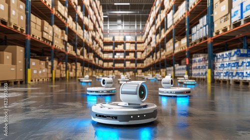 Multiple robotic units equipped with AI navigation systems operating efficiently in a vast warehouse setting, illustrating advanced logistics technology.