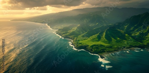 Aerial view of the ocean and green mountains