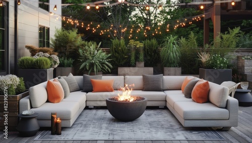 A contemporary outdoor seating area with modern sofas and chairs, surrounded by plants in pots on the sides of the sofa, a fire bowl at the center Generative AI