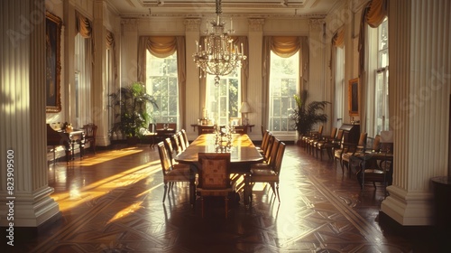 A large room with a long table and many chairs