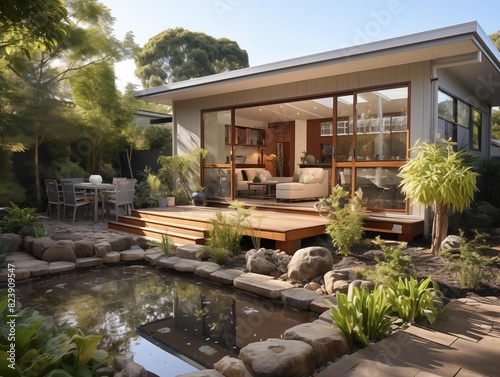 Sunny Day at a Modern Home with Outdoor Pond Garden