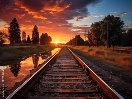 Sunset Over Railway Tracks in a Serene Countryside