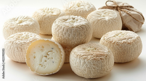 Goat cheese crottin de chavignol in front of white