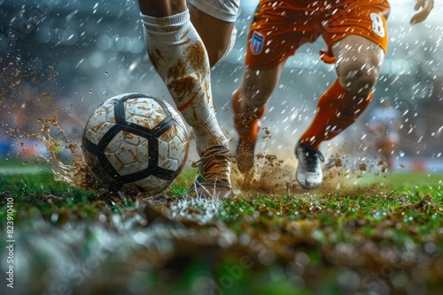 Dynamic and intense moment of a competitive soccer match with players battling for ball possession on a wet and muddy field under the rain
