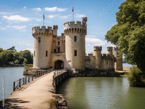 Visitors Explore a Majestic Castle by the Lake on a Sunny Afternoon