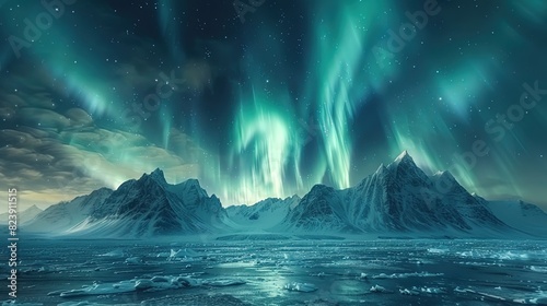 The sky is filled with auroras and the mountains are covered in snow