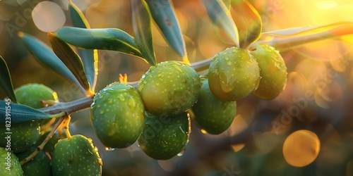 Sunlit green olives on olive tree branch. Concept Nature, Food, Agriculture, Harvest, Mediterranean