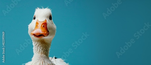A duck with its beak wide open, set against a royal blue backdrop, offering a comical close-up with room for text