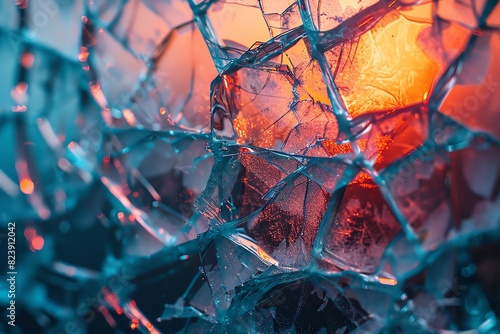Abstract close-up of shattered glass with vibrant orange and blue hues.