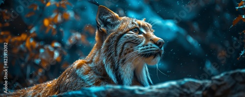 A lynx with tufted ears poses in a whimsical closeup against a midnight blue backdrop, offering ample space for text