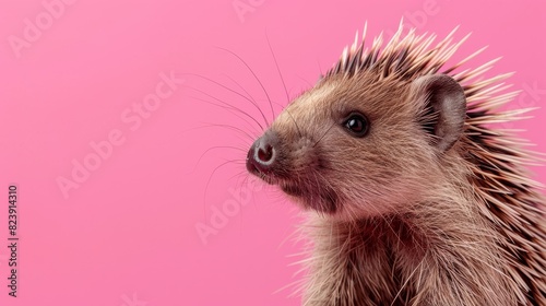 Quirky closeup of a porcupine, quills erect, isolated on a pastel pink background, space for text
