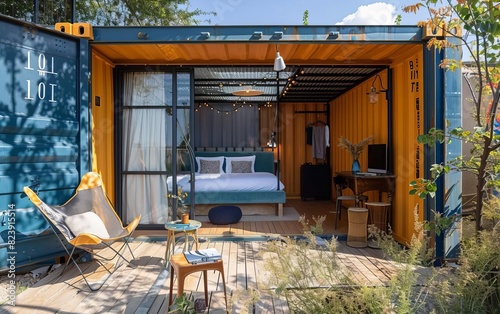 A boutique hotel constructed from recycled shipping containers, offering unique and sustainable accommodations