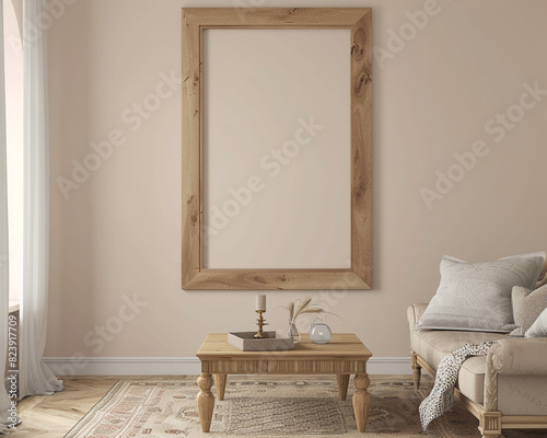 Capture a mock-up of an empty rectangular oakwood frame set in a living room with neutral pastel walls. The room features a coffee table and a couch, designed in a French provincial style.