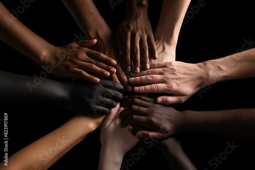 People of different nations are united. The hands of different people are joined as a sign of unity. Many business people demonstrate unity and teamwork.
