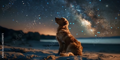 Observant Canine: A Dog Contemplating the Night Sky. Concept Pet Astrology, Dog Stargazing, Canine Constellations, Nighttime Ponderings