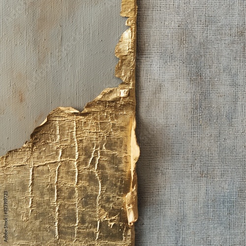 A canvas partially covered in gold leaf, its texture contrasting between the smooth, reflective metal and the absorbent fabric beneath.