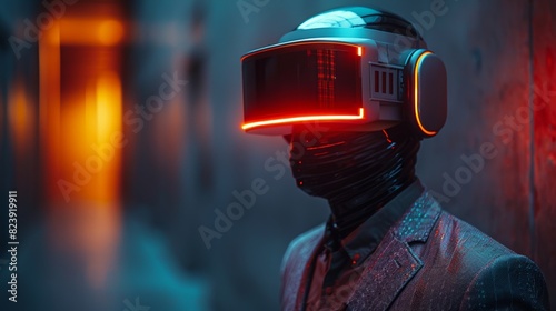 In a suit and helmet, this image is influenced by cyberpunk surrealism, mobile sculptures, chromatic saturation, made from glass, vaporwave, grey academia