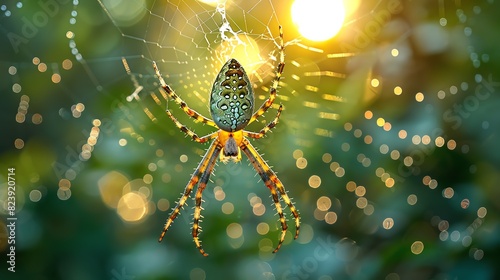 An image of a spider spinning a web between two branches, with silk strands stretching across the frame