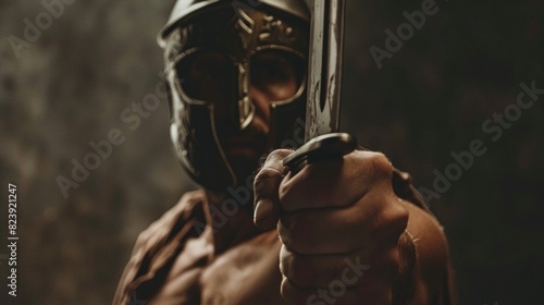 Illustration of brave spartan warrior in armor with shield, pointing sword to the camera, antique Greek military, muscular ancient soldier, concept of brave, loyal warrior, games, adventure,history.