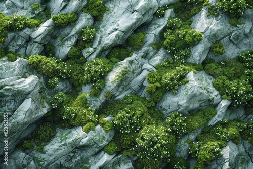 Aerial view capturing the intricate detail of lush green moss and white flowers blooming amidst rugged gray rocks, highlighting the beauty of nature in microcosm