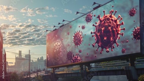 Digital Art of Virus Attacking Human Cells Displayed on Large Urban Billboard - Medical Awareness and Health Concept