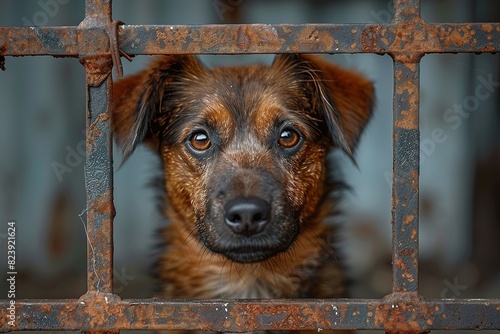 Portrait of sad dog in shelter behind fence waiting to be rescued and adopted to new home