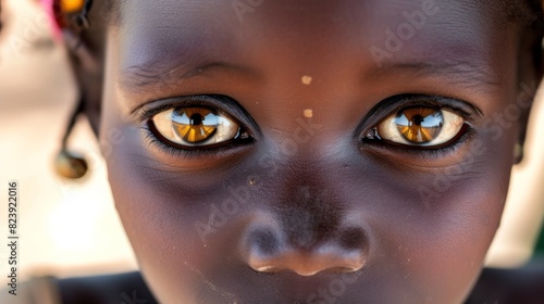 An engaging close-up shot of an African girl, featuring her captivating golden-brown eyes that reflect her surroundings vividly.