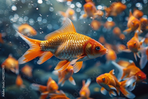 A vibrant close-up shot of a goldfish swimming elegantly with a school of goldfish in a sparkling freshwater aquarium environment