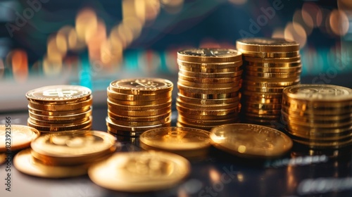 The Golden Rule of Investing: Stacks of Gold Coins on a Reflective Surface with Bokeh Background
