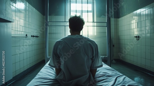 Back view of a solitary young man sitting on a prison bed facing a window, conveying a sense of hope amidst confinement