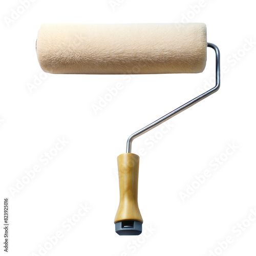 A white and tan paint roller with a wooden handle