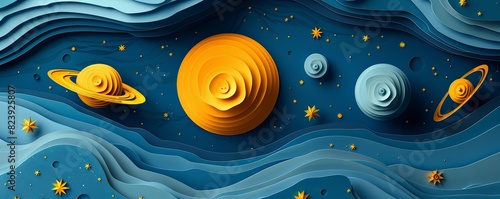 Solar system with detailed planets, orbits, and stars in papercut style