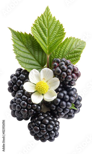 A bunch of blackberries and a white flower are displayed together