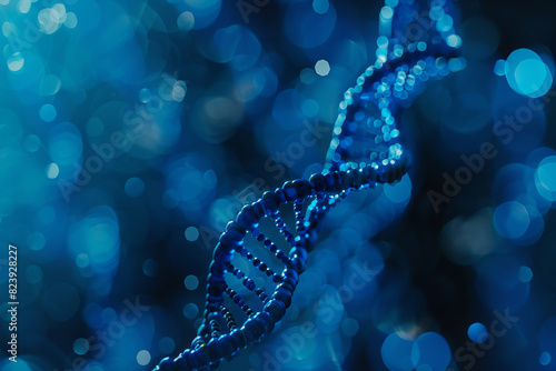 Abstract image depicting a dna double helix against a shimmering blue background, representing the future of genetic engineering and modification