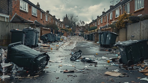 Chaotic Scene: British Street Strewn with Tipped Over Wheelie Bins