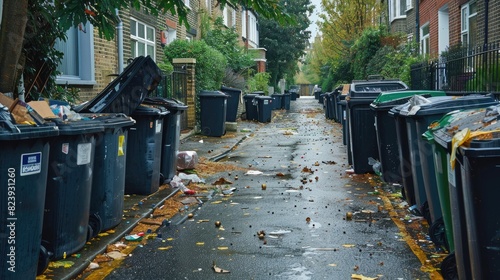 Chaotic Scene: British Street Strewn with Tipped Over Wheelie Bins
