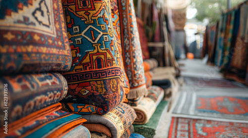Tapetes orientais artesanais vibrantes no mercado tradicional do Oriente Médio. Tapetes conceituais, feitos à mão, tradicionais, do Oriente Médio, de mercado