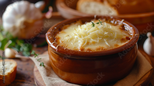 Uma sopa gourmet de cebola francesa, com uma cobertura rica e borbulhante de queijo dourado na perfeição, numa tradicional tigela de cerâmica.