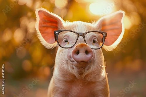 a pig wearing glasses with a cute face