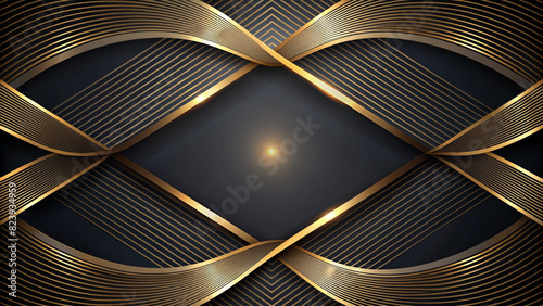 This image features a dark background with a gold wave pattern. The background is composed of interwoven lines creating a sense of depth. The design is elegant and sophisticated, perfect for a lu